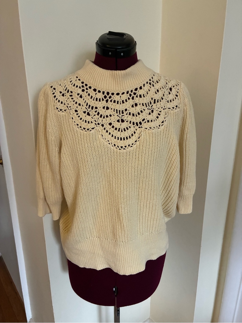 Rails Steph Cream Crochet Yoke Short Sleeve Cotton Knit Sweater